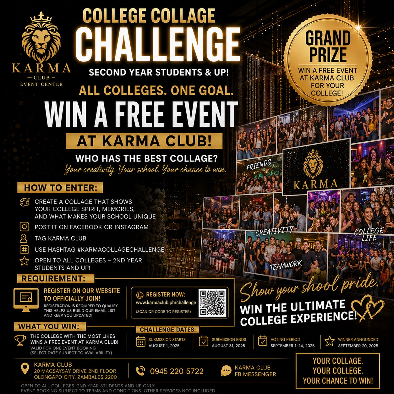 Karma College Collage Challenge flyer with instructions to win a free event at Karma Club.