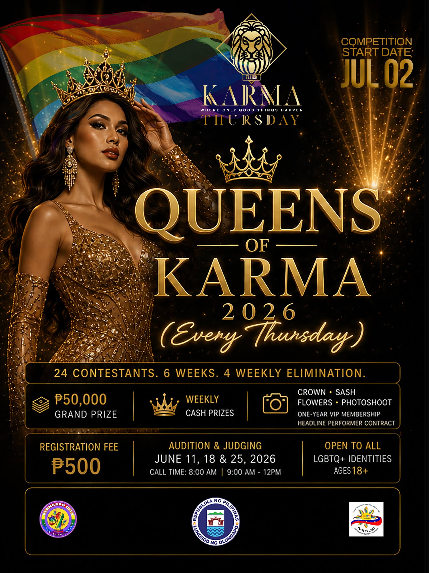 Queens of Karma 2026 flyer with registration, prize, audition, and grand finals details.