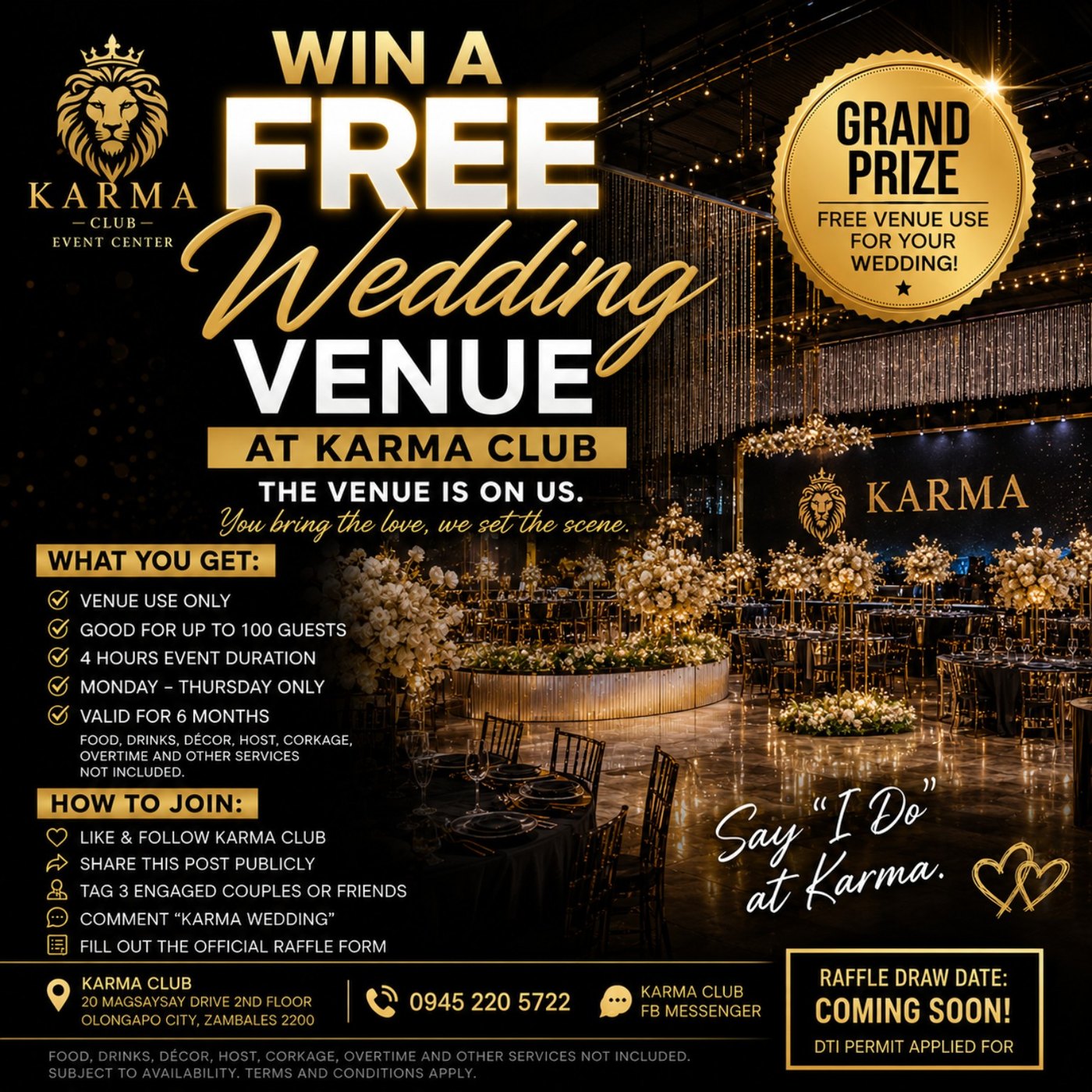 Karma Club wedding venue raffle flyer showing Win a Free Wedding Venue at Karma Club.
